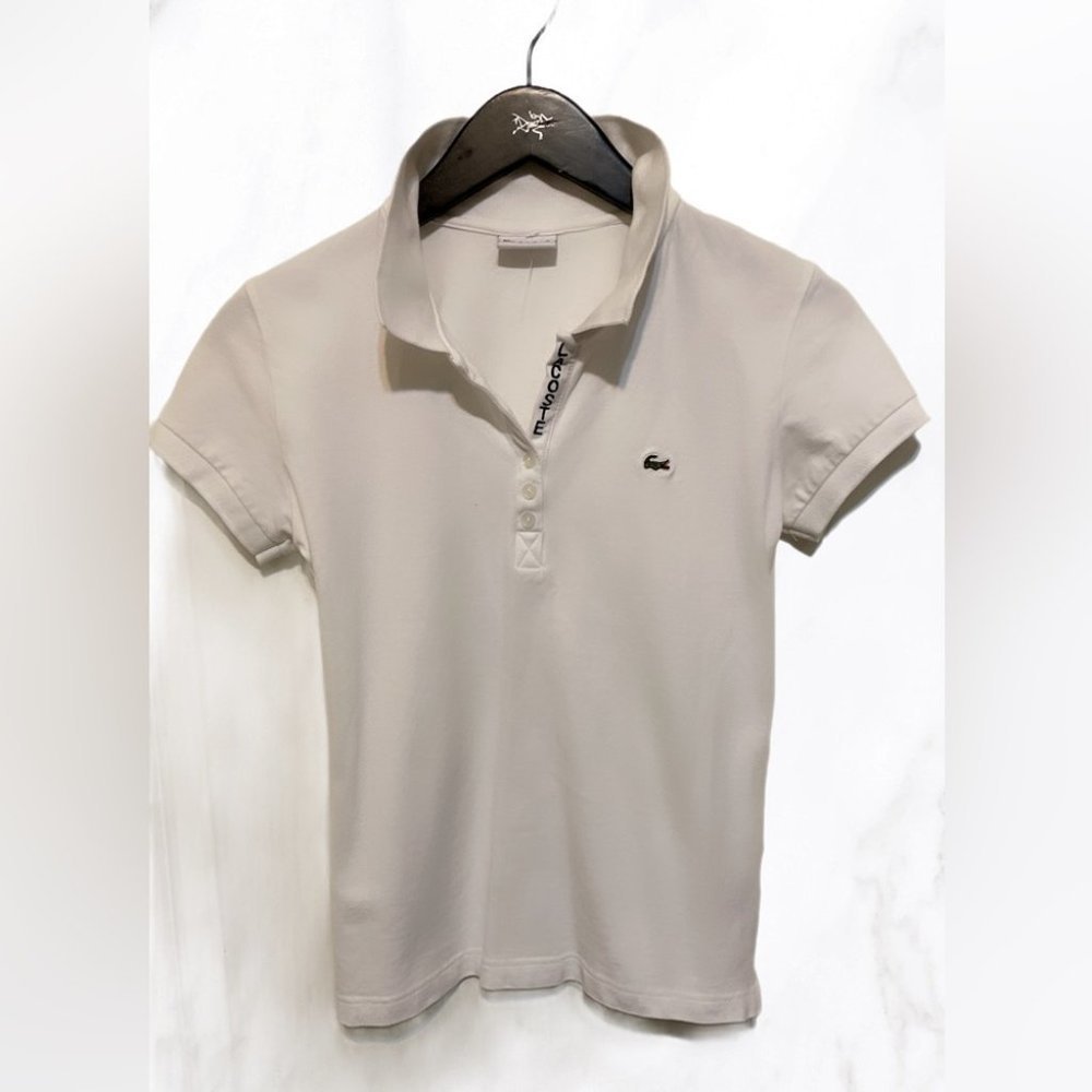 Lacoste cream 3 button classic casual short sleeve fitted polo top shirt 40
